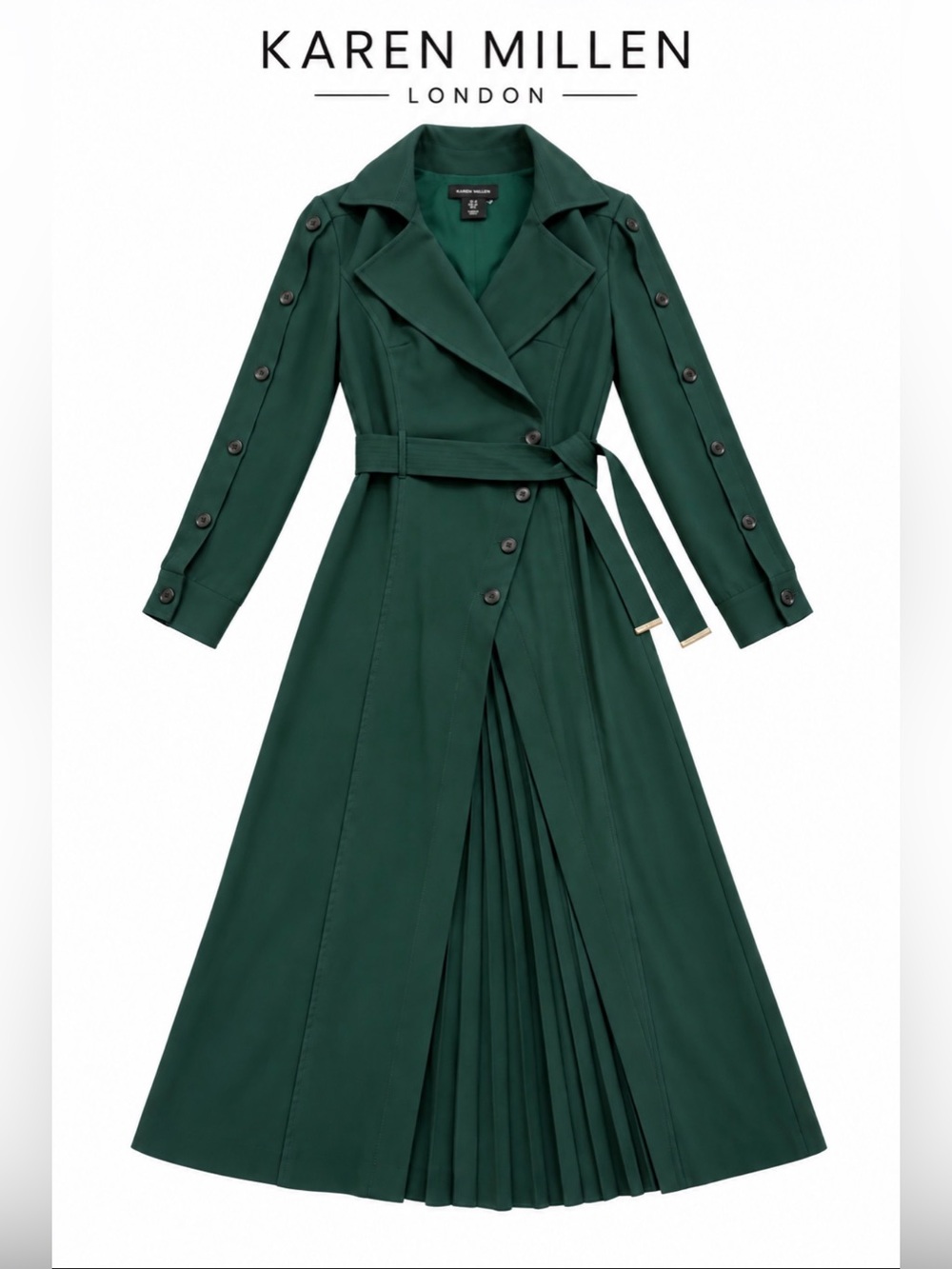 Karen Millen Forest Green Dress Tailored Trench Pleated Maxi